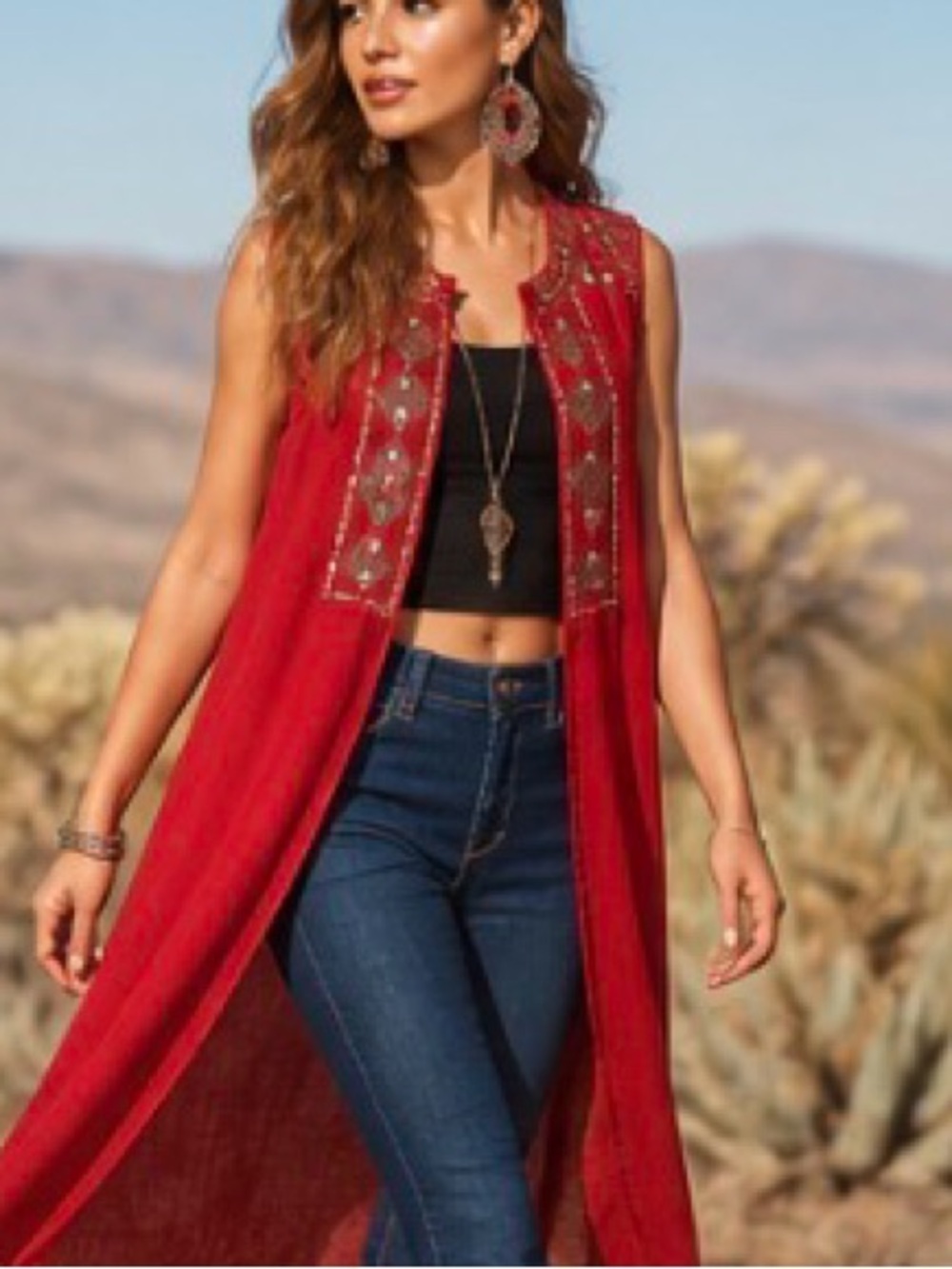 Collective Red Embroidered Hand Beaded Shrug Kurta Mirror Work Art Festival XS